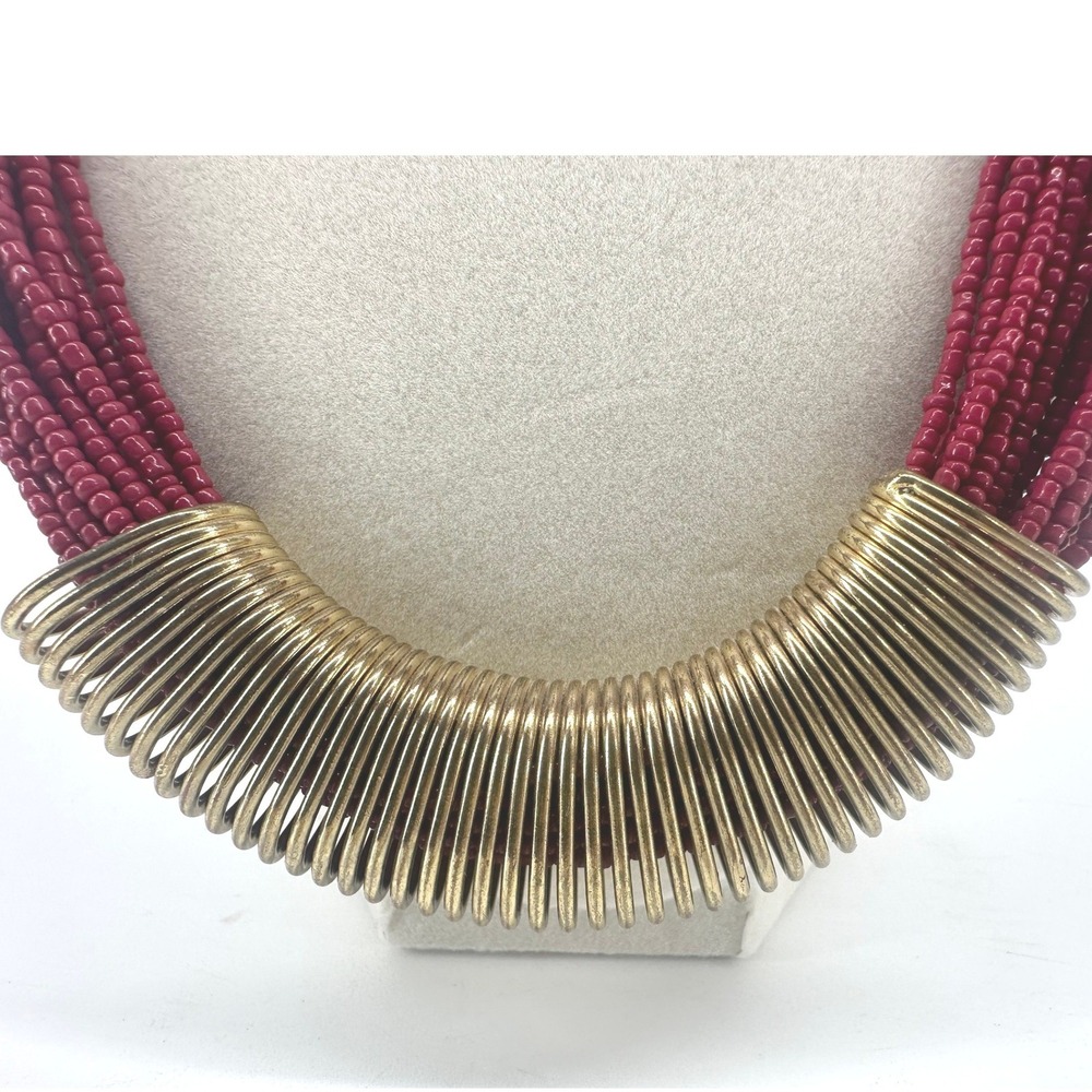 Coldwater Creek Magenta‎ Multi Strand Seed Bead Necklace Gold Ribbed Statement - Picture 2 of 7